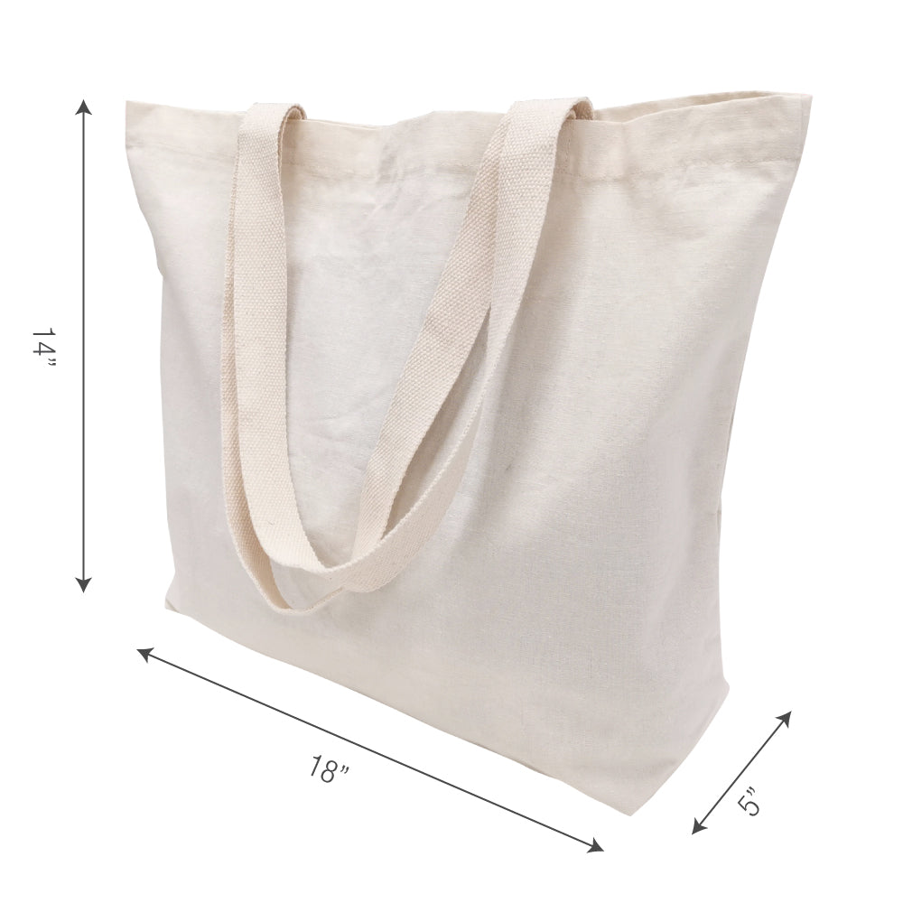 A canvas tote bag with measurements