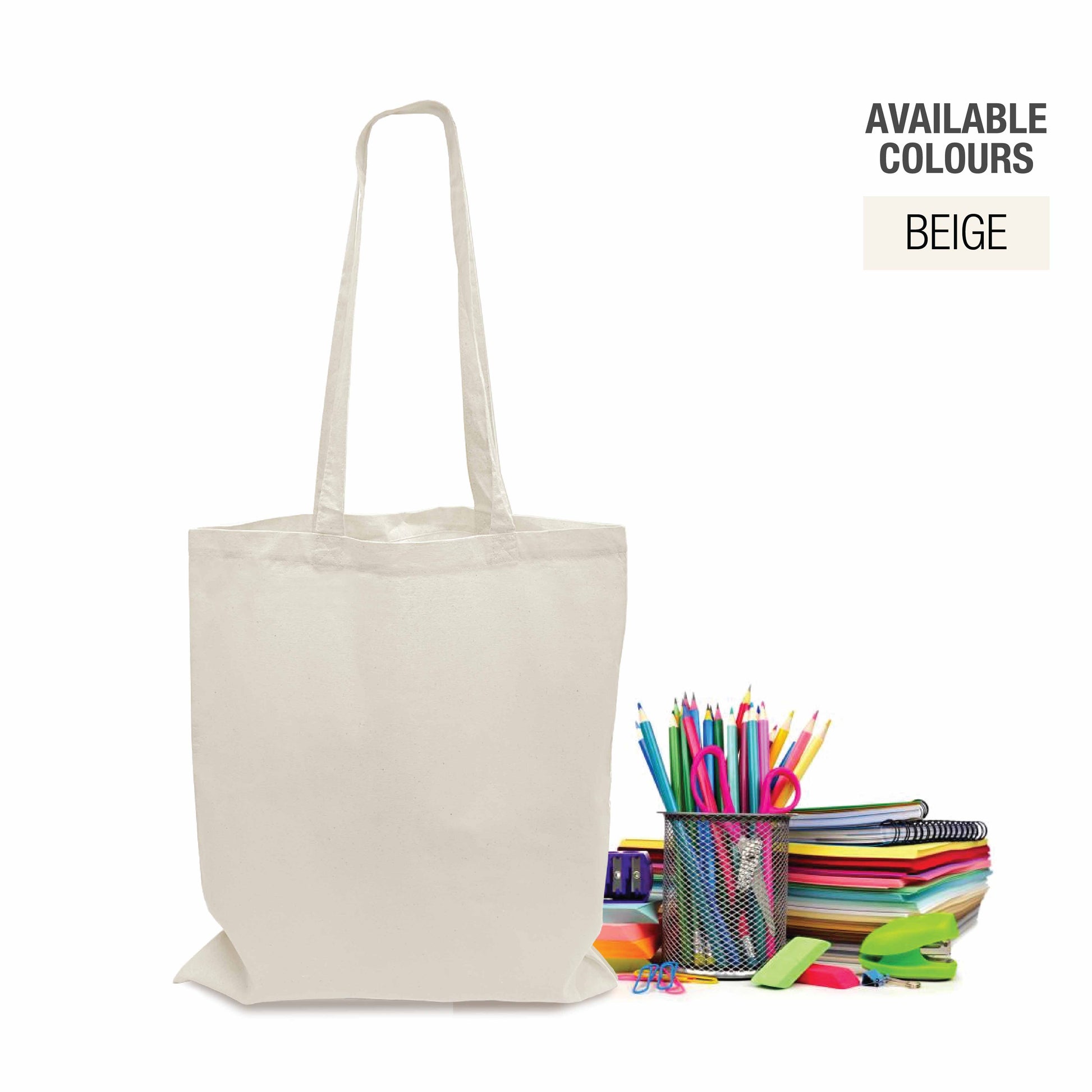 A white canvas bag with handles containing various stationary like notebooks and pencils