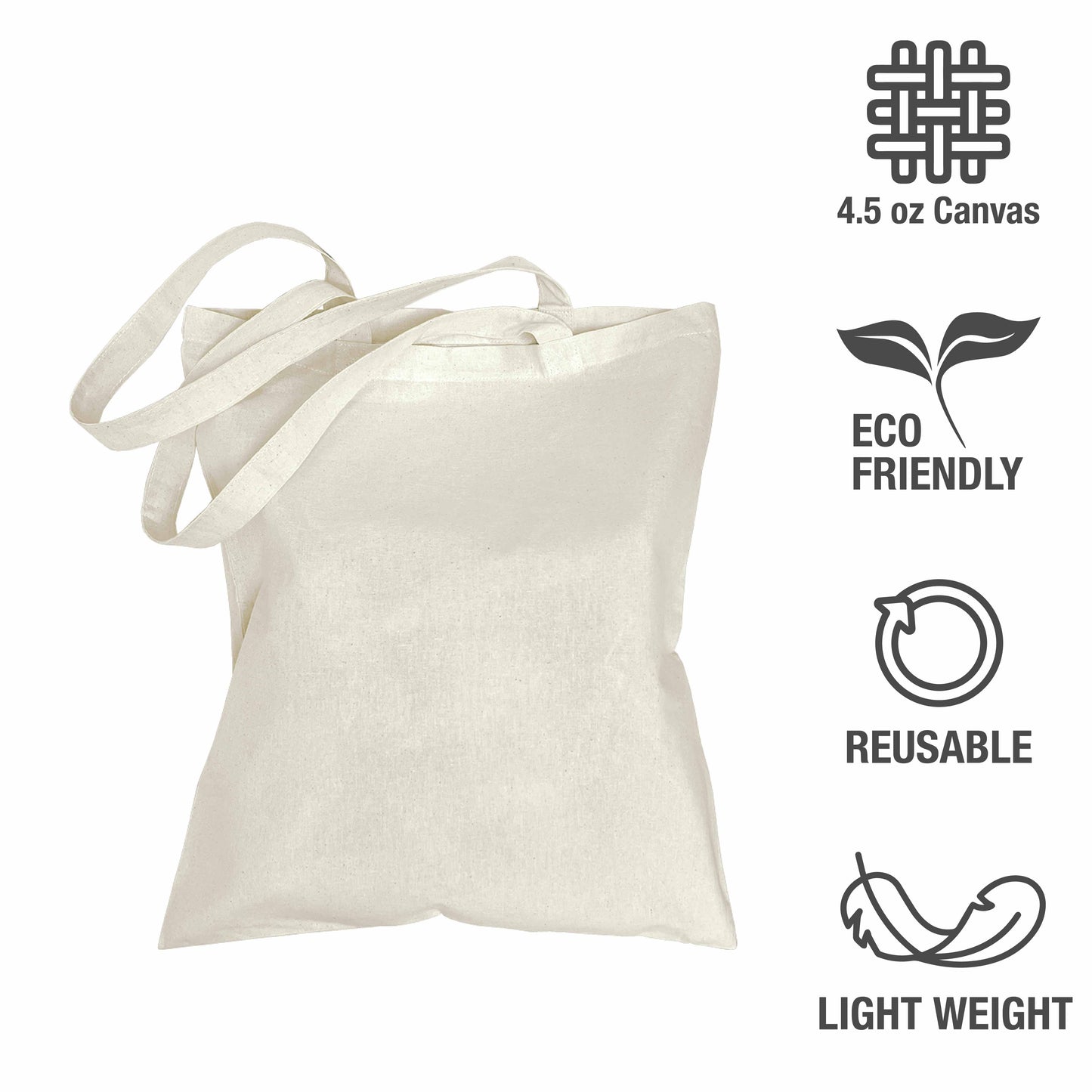 A white canvas tote bag with handles and four feature icons