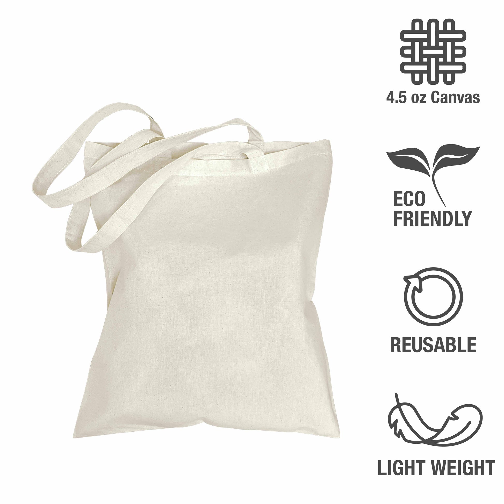 A white canvas tote bag with handles and four feature icons