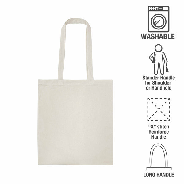 A plain tote bag with long handles and four feature icons
