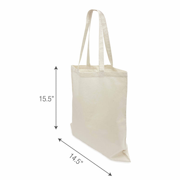 A white canvas tote bag with measurements