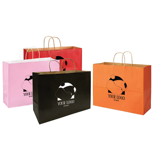 Four paper shopping bags in different colors with company logo