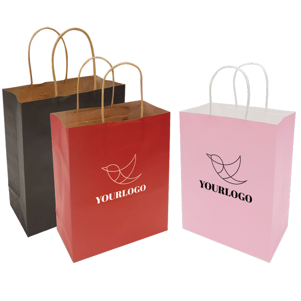 Three paper bags in different colors, each with a logo on them
