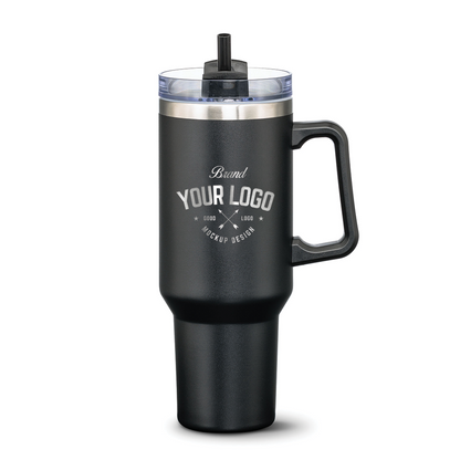 Double Insulated Compeer Handle Travel Mug w/Straw - 40oz - Custom Laser Engrave Logo Printing - 12pcs to Start