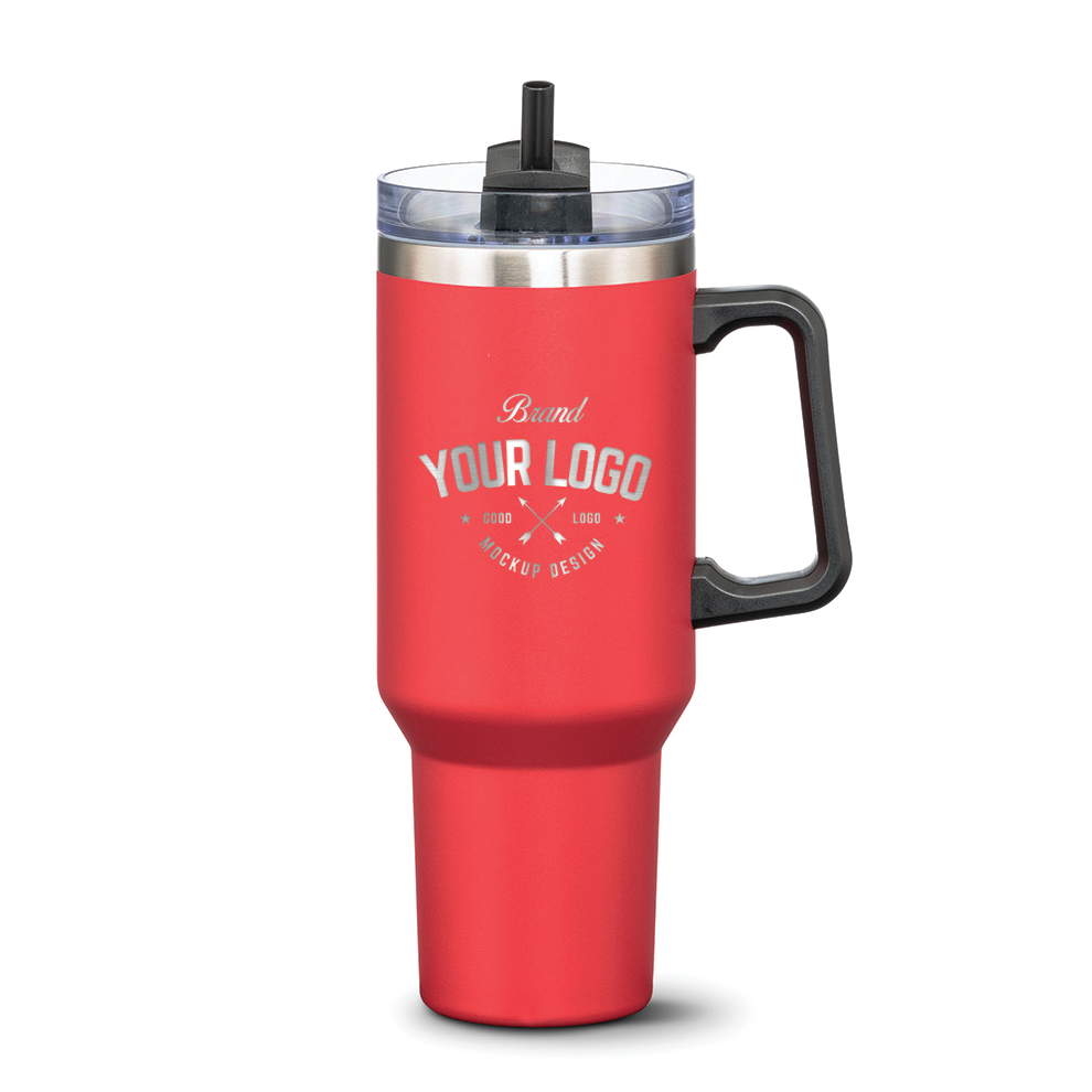 Double Insulated Compeer Handle Travel Mug w/Straw - 40oz - Custom Laser Engrave Logo Printing - 12pcs to Start