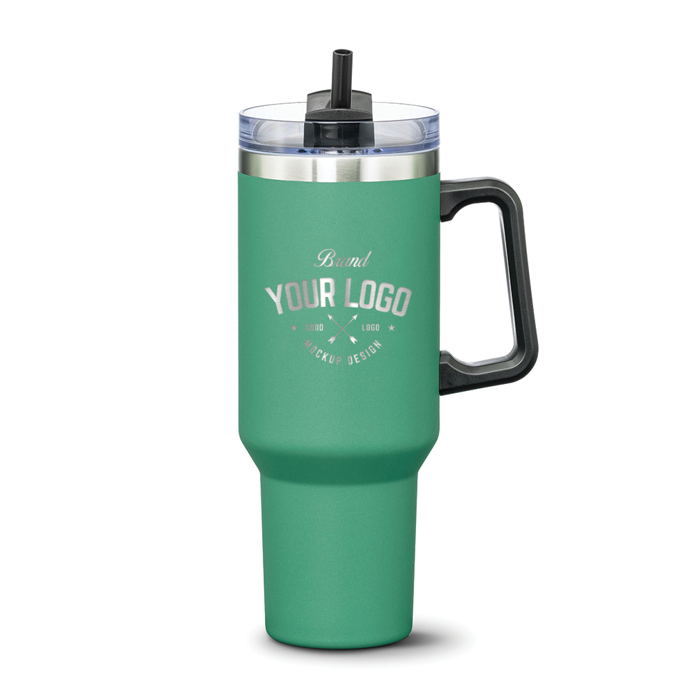 Double Insulated Compeer Handle Travel Mug w/Straw - 40oz - Custom Laser Engrave Logo Printing - 12pcs to Start