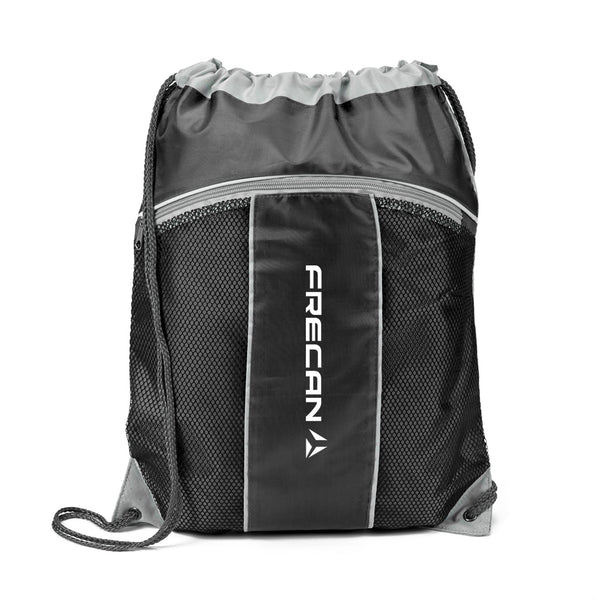 A black drawstring bag with a white logo on it