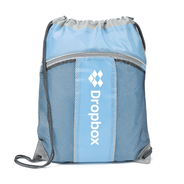 A light blue drawstring bag with a white logo on it