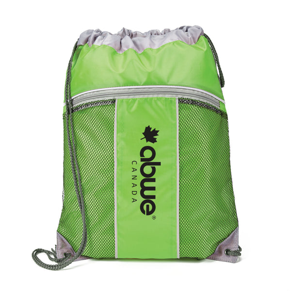 A green drawstring bag with a black logo on it
