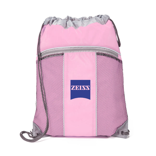 A pink drawstring bag with a blue logo on it
