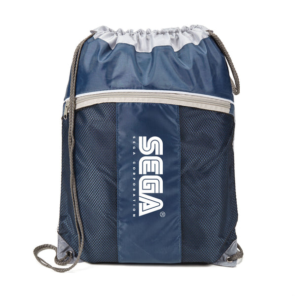 A navy blue drawstring bag with a white logo on it