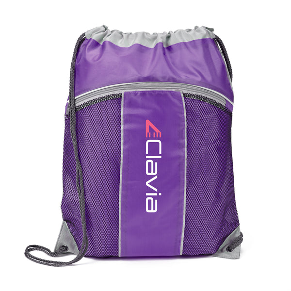 A pink drawstring bag with a white logo on it