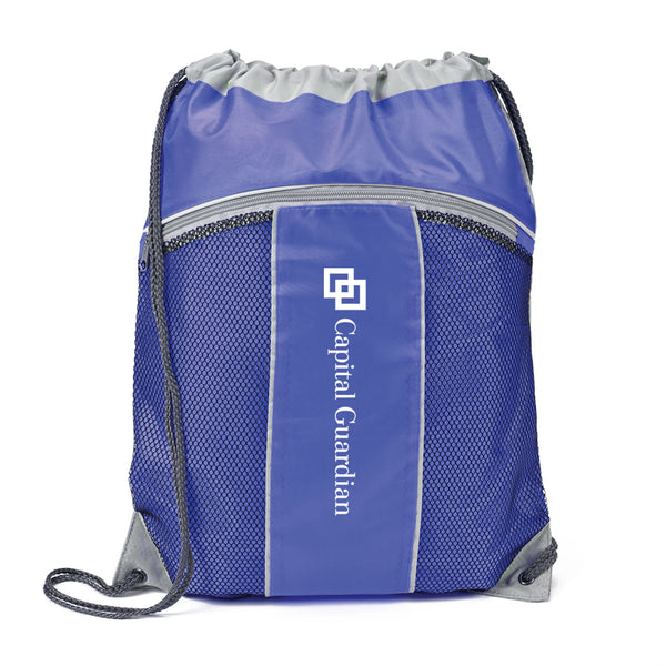 A blue drawstring bag with a white logo on it