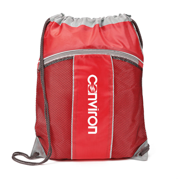 A red drawstring bag with a white logo on it