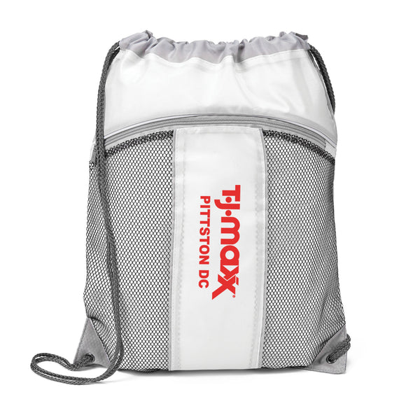 A white drawstring bag with a red logo on it