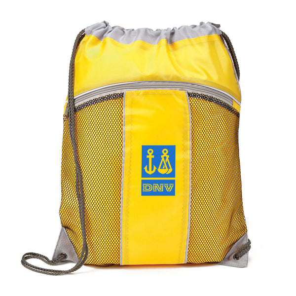 A yellow drawstring bag with a blue logo on it