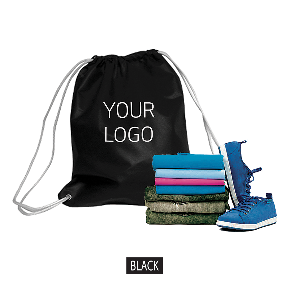 A black non-woven drawstring backpack with shoes and clothes