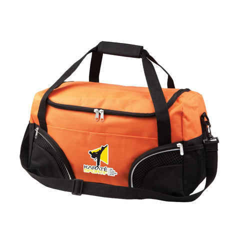 Orange duffel bag with black handles and 2 Corner Pockets