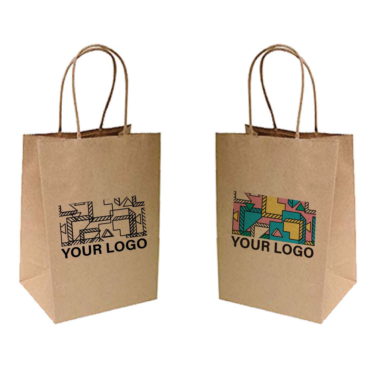 Two brown paper bags with logo in single colour and full colour
