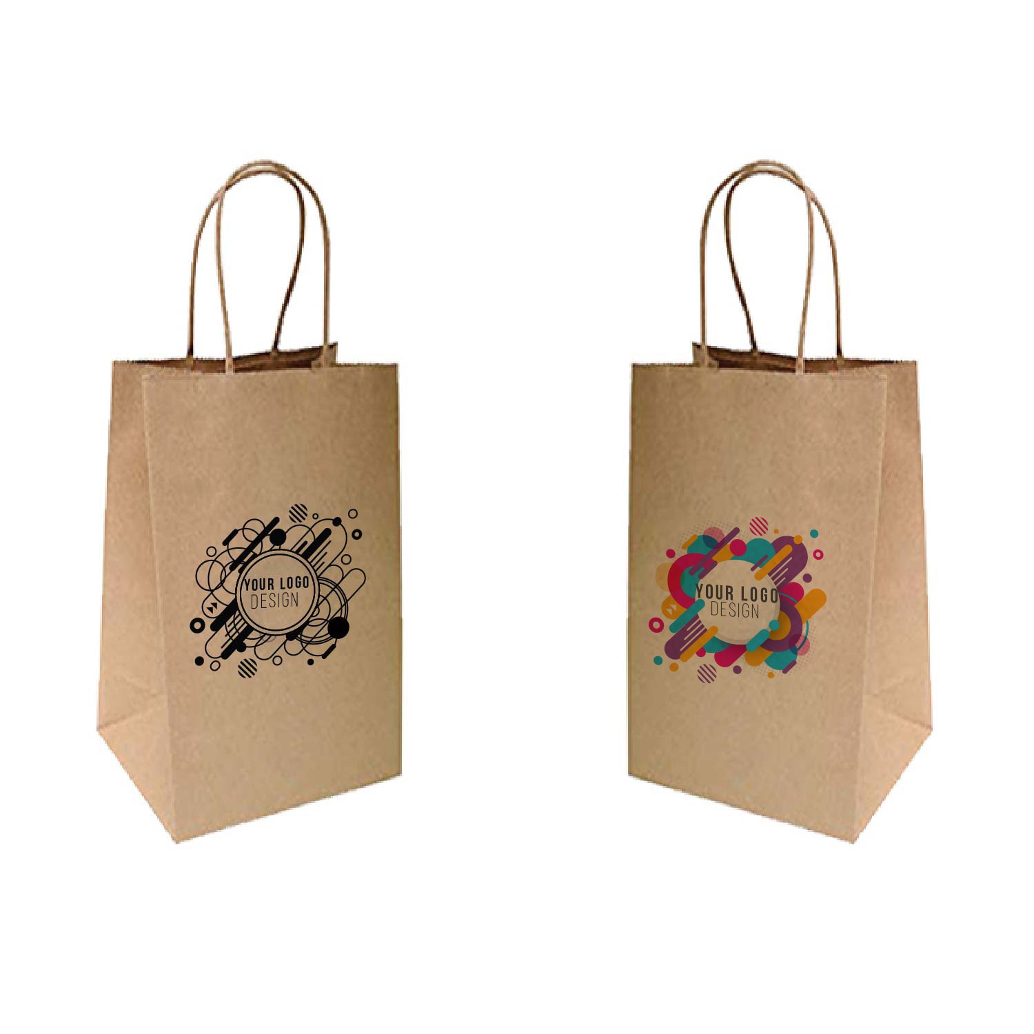 Two brown paper bags with colorful designs