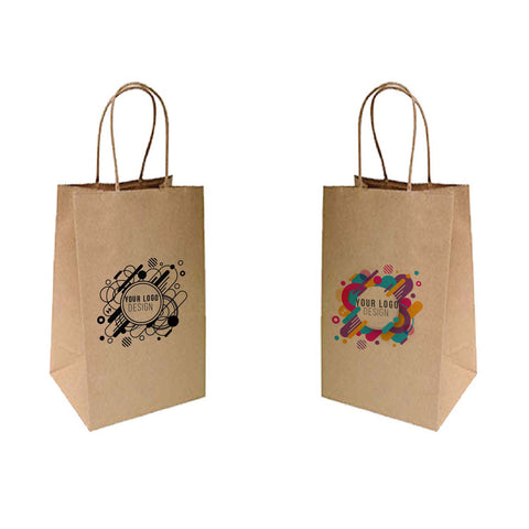 Two brown paper bags with colorful designs