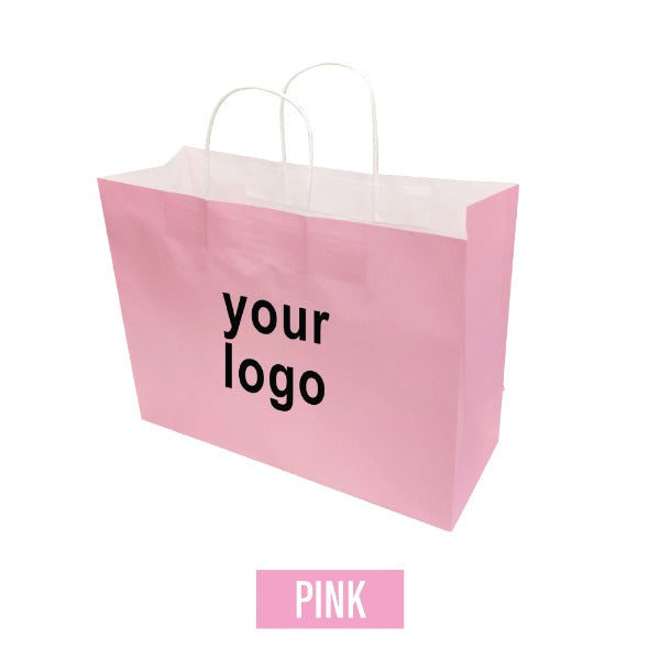 A pink paper bag with "Your Logo" in black text
