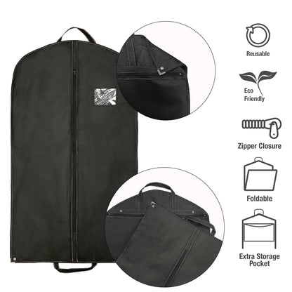 A black garment bag with zipper and pocket details