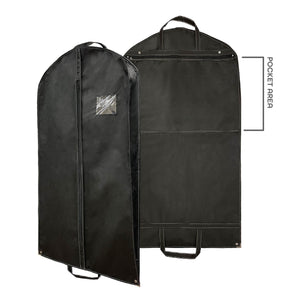 A black garment bag with front pocket and zipper