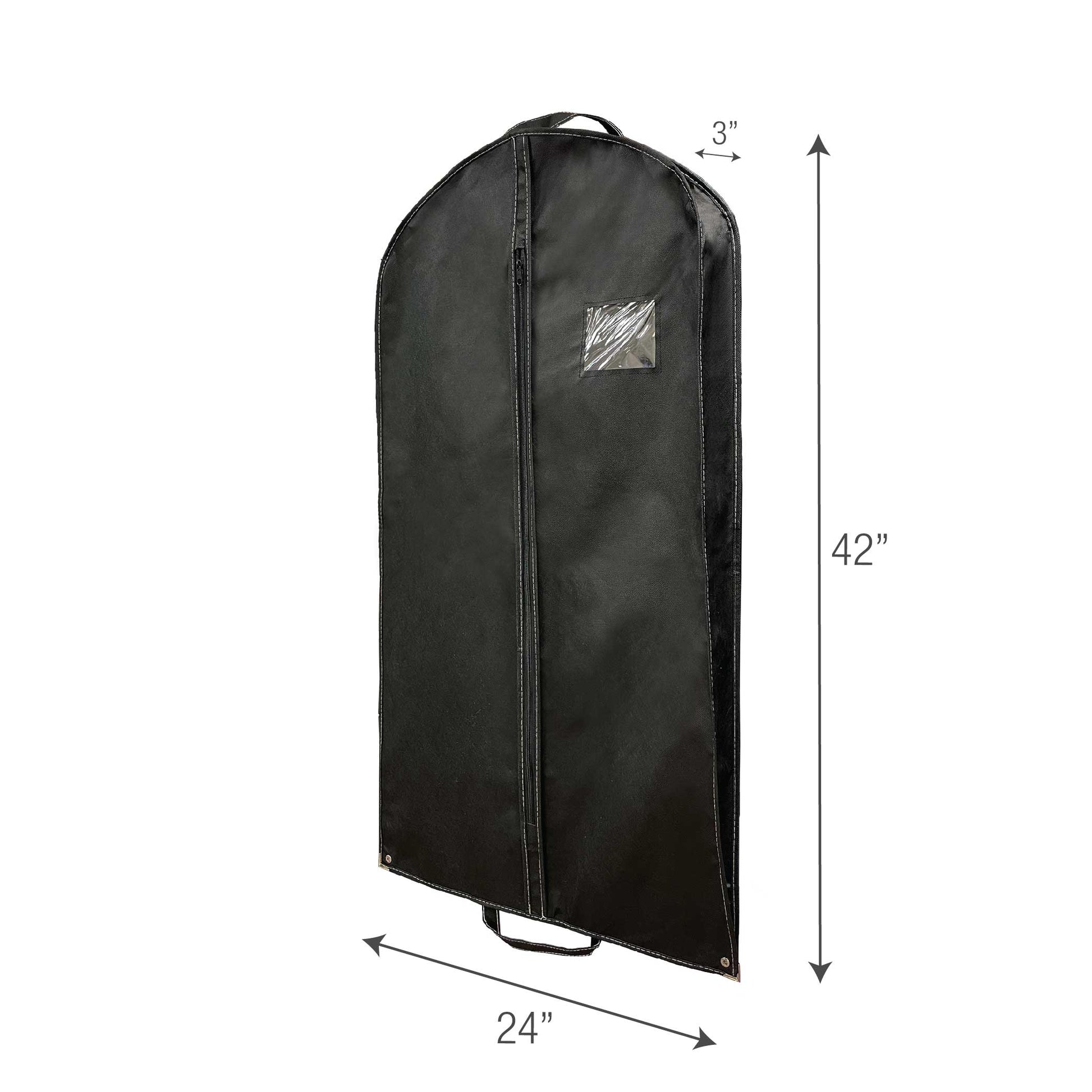 A black garment bag with size details