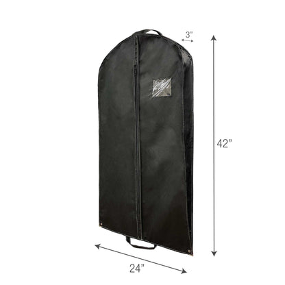 A black garment bag with size details