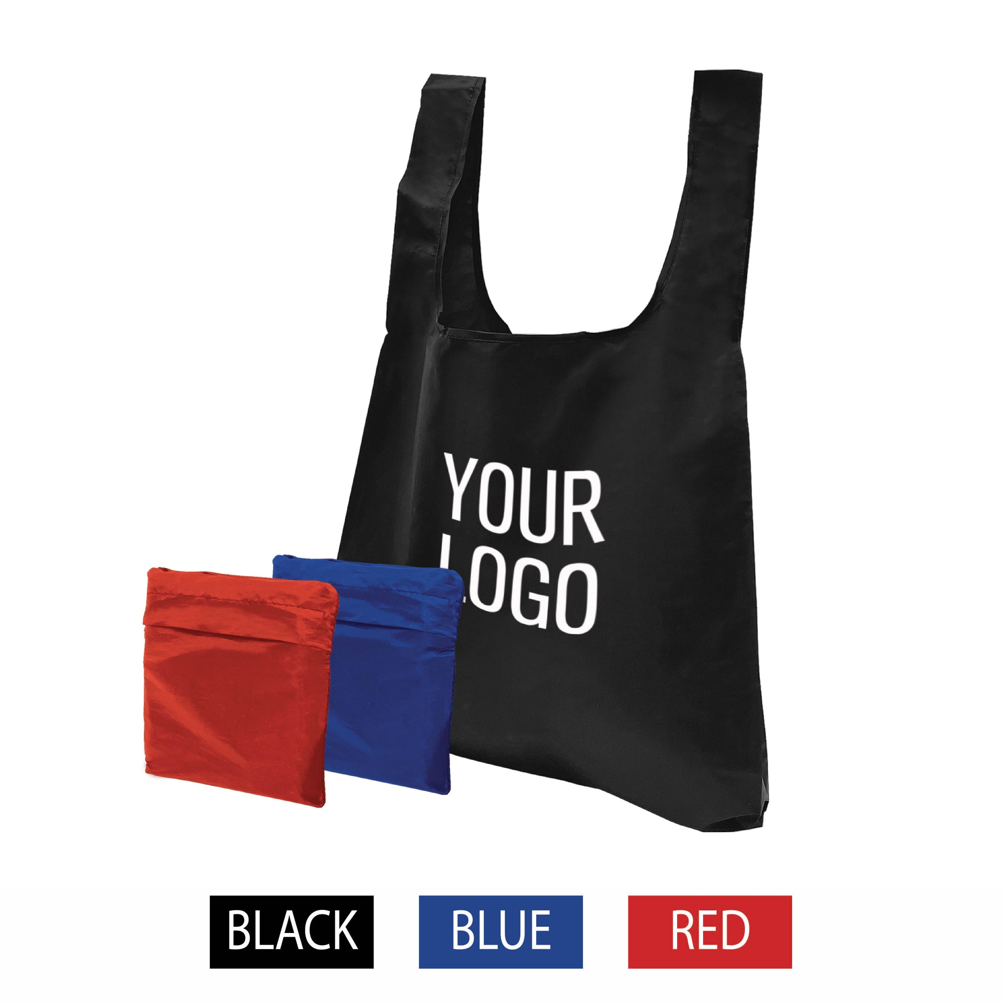 Three black, blue and red nylon shopping bags with "Your Logo" in white letters