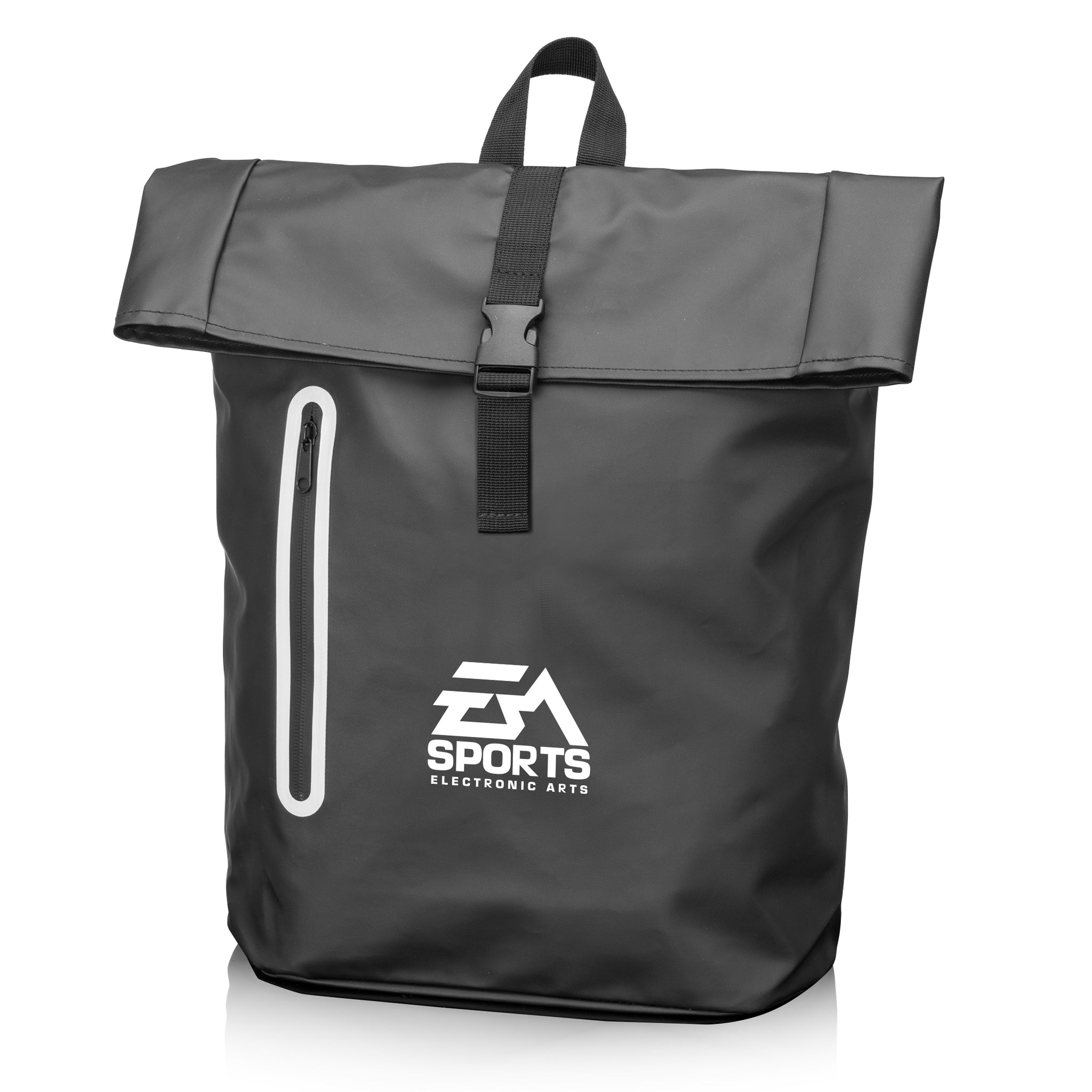 Black backpack with white logo