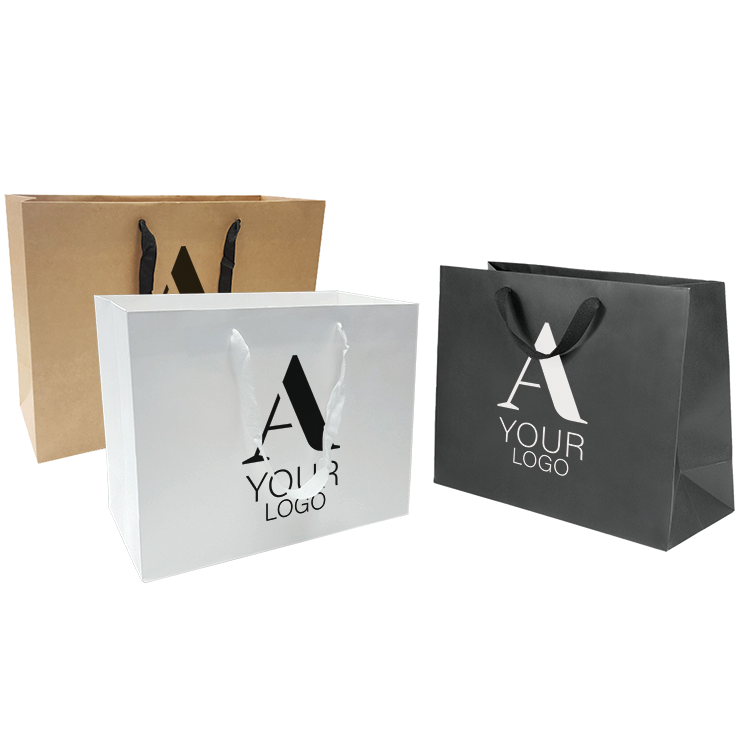 Three paper bags with the logo 'A' on them