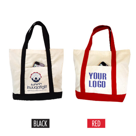 Two canvas tote bags with custom printed logo design