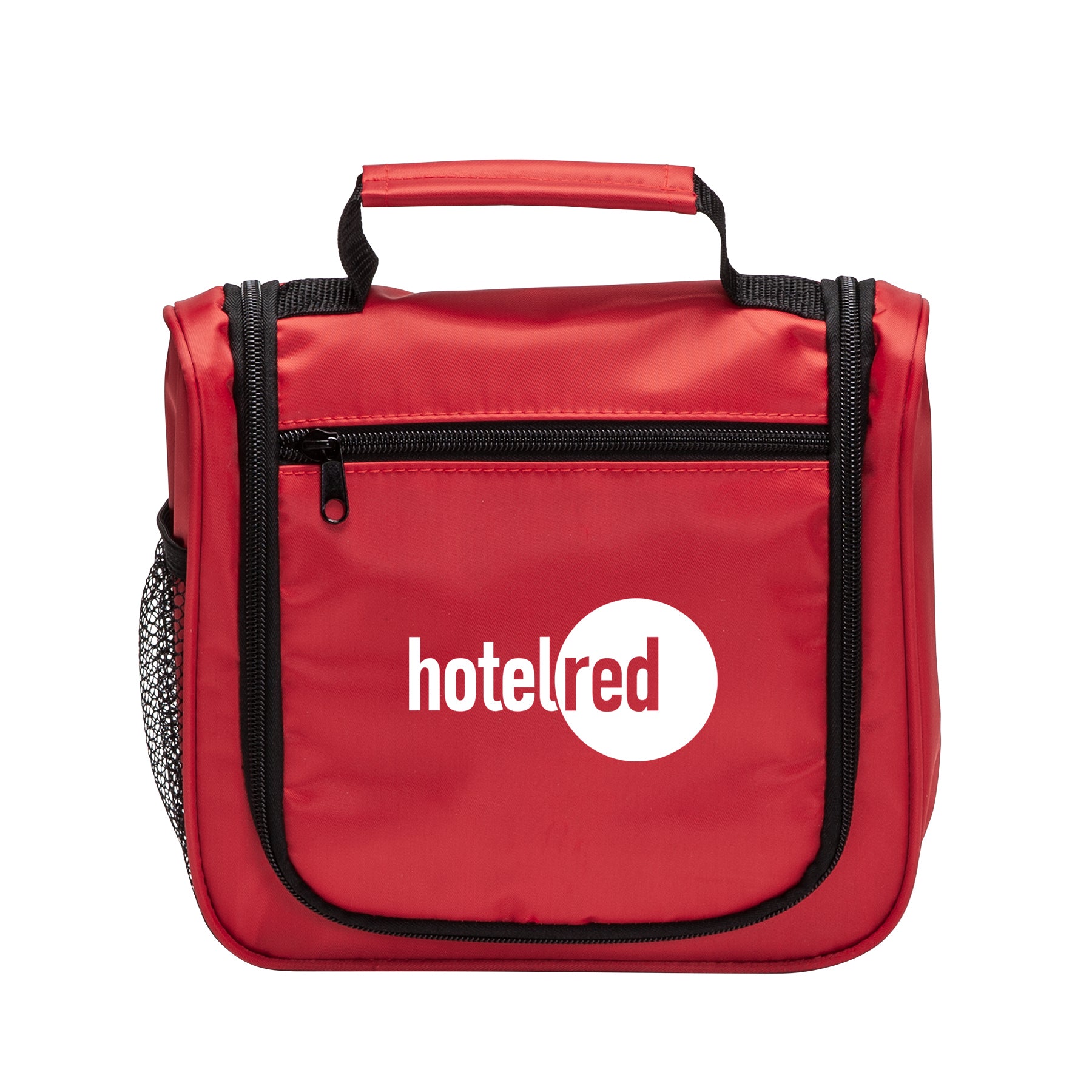 Red travel toiletry bag featuring hotelred logo