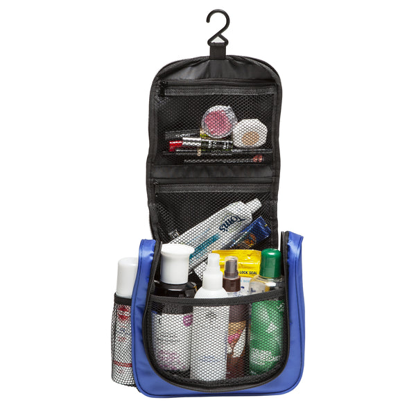 A blue toiletry bag with metal hook containing mirror, toothbrush, and toothpaste