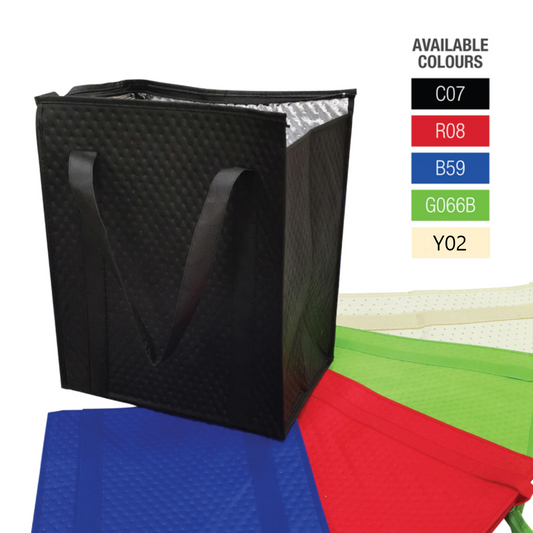 A large black insulated grocery bag with red, blue, green, and beige colour options