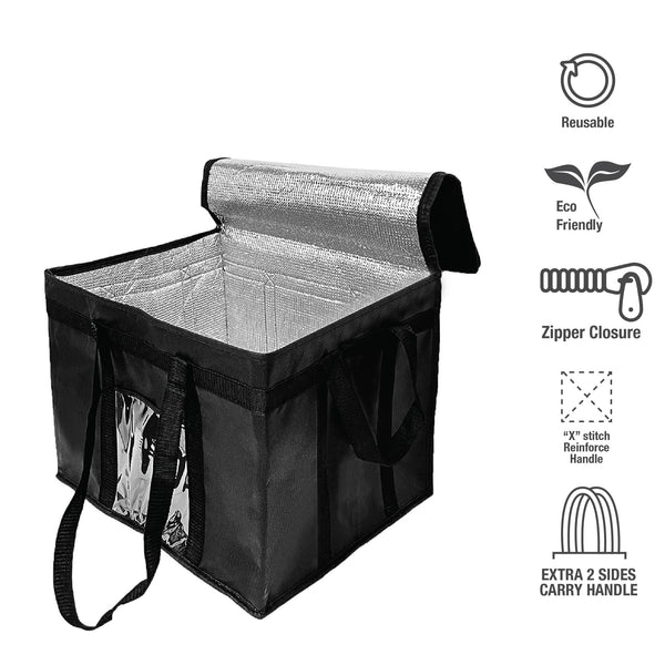 A black thermal delivery bag with a zipper