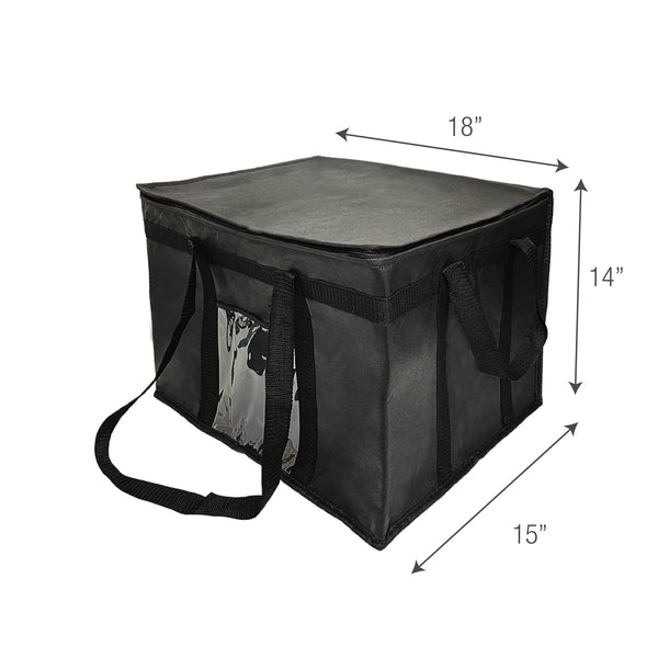 A large black thermal delivery bag with size measurements