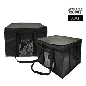 Two black insulated food delivery bags with handles