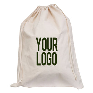 A white drawstring cotton bag with the word "your logo" printed on it