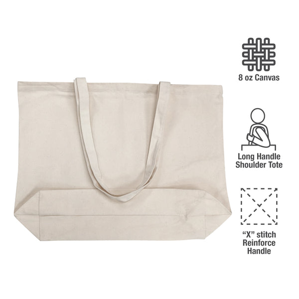 A plain tote bag with handles and labels