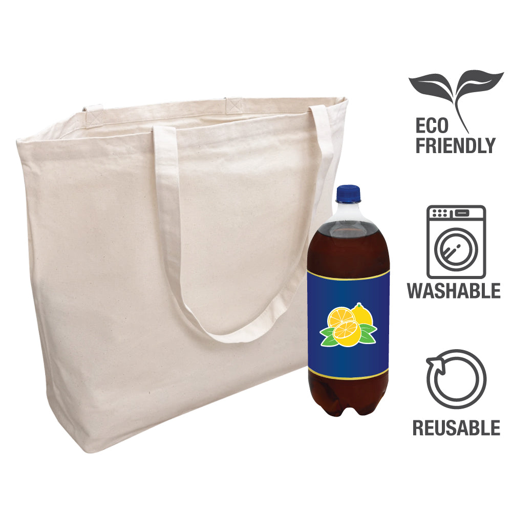 A canvas shopping bag with a bottle of drink and labels