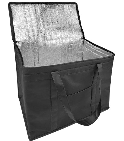 An insulated cooler bag with a black handle