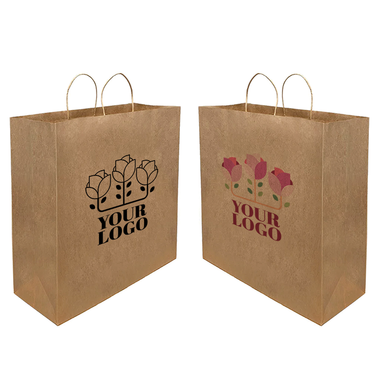 Two brown paper bags with the words "Your Logo" printed on them