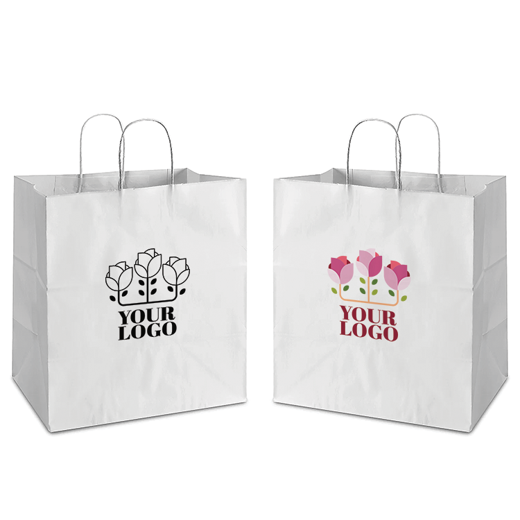Two white paper bags with the words "Your Logo" in bold letters