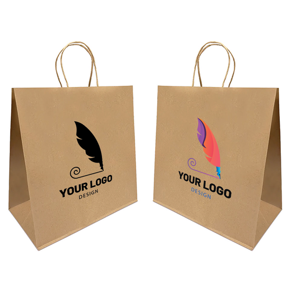 Two brown paper bags with handles featuring a logo