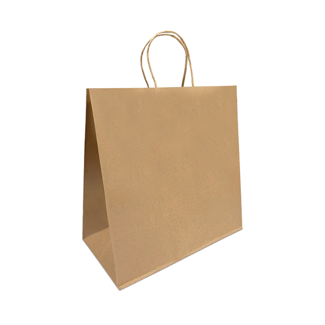 Brown paper bag with handles on white background