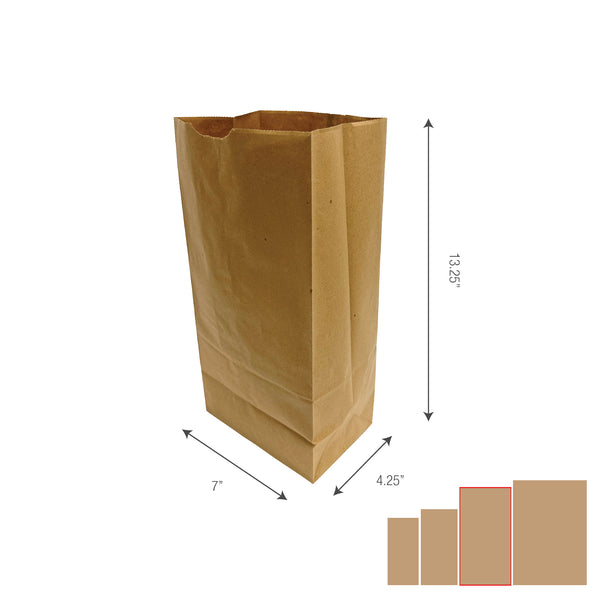 A natural kraft paper bag with size measurements printed on the side